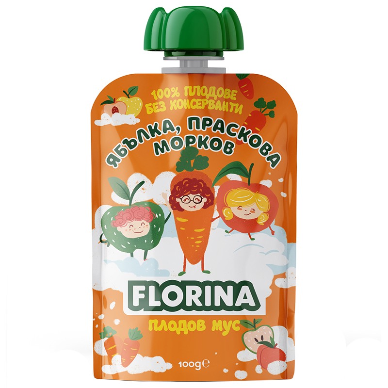 Плодов Мус Florina Ябълка, Праскова и Морков Пауч