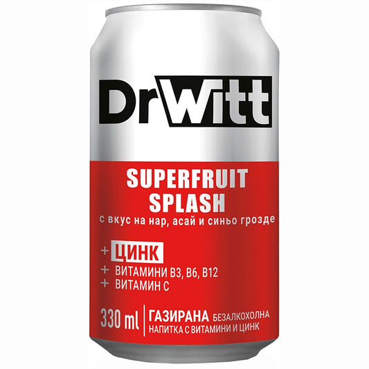 Газирана Напитка DrWitt Splash с Витамини и Вкус на Нар, Асай и Синьо Грозде Кен